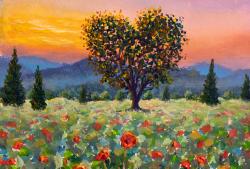 The image for NEW! Heart Tree Sunset! Paint as Individual or on 2 Canvases as a Couple